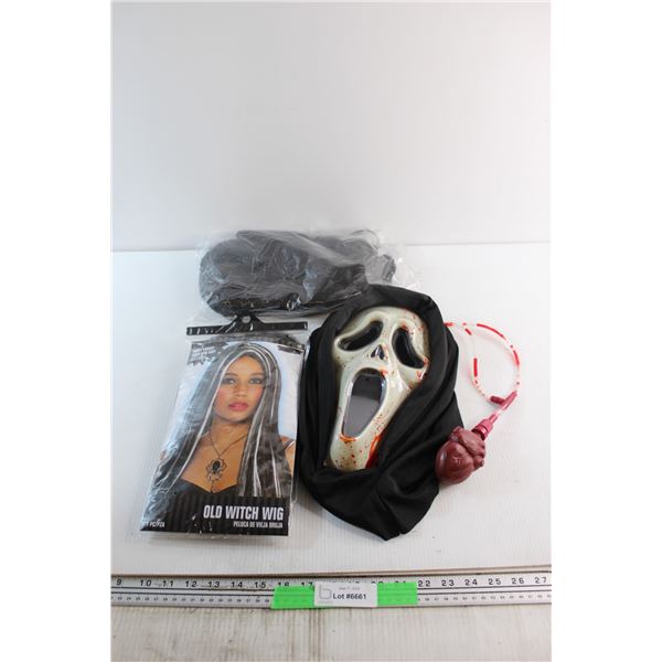 (2) Old Witch Wigs and Scream Face Mask with Pump