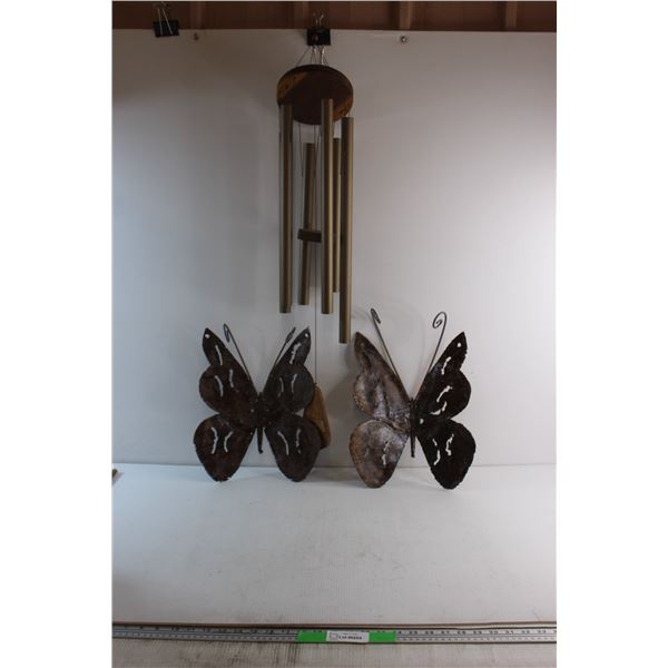 (2) Decorative Metal Butterflies and Wind Chime