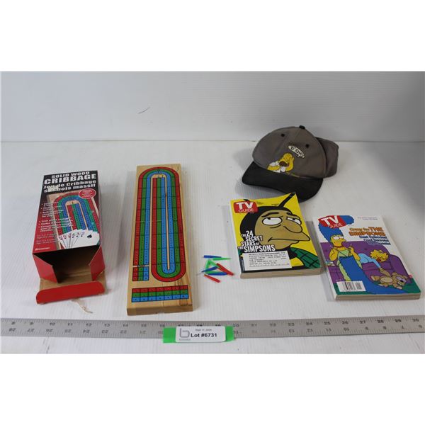 Solid Wood Cribbage Board - As Is, (2) Simpsons Books, Homer Hat