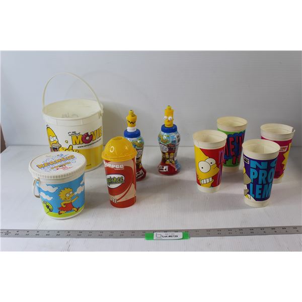 (2) Simpsons Popcorn Buckets, (7) Simpsons Drink Cups/Bottles - Pepsi/Slushie, Bellywashers