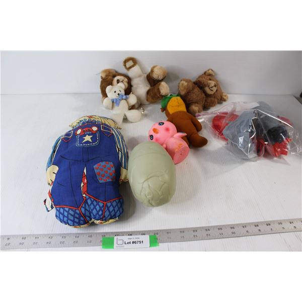 (3) Teddy Bears, Dog Squeaker Toy, Dinosaurs Toy Egg, Yogi Bear, Assorted Toys