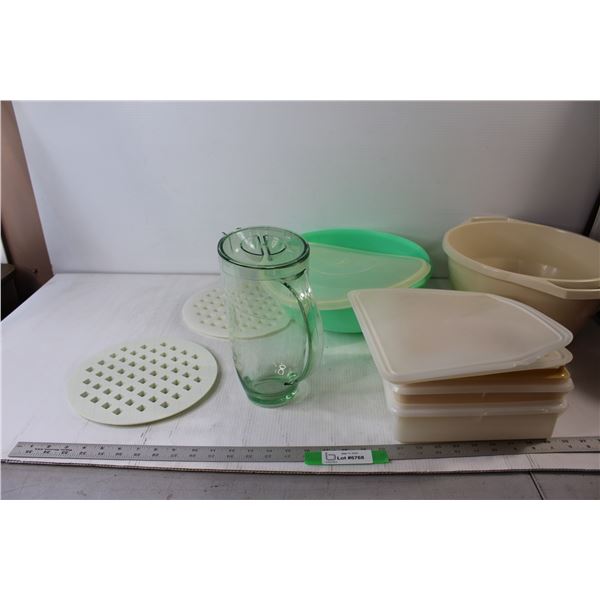 (5) Tupperware Kitchen Containers, Glass Pitcher,