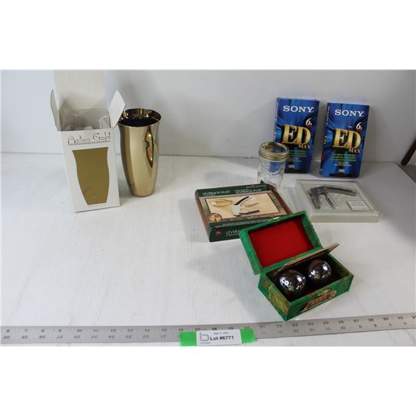 Aztec Gold Coloured Vase, Corkscrew, Iron Balls, Fruit Jar, (2) Sony VHS's
