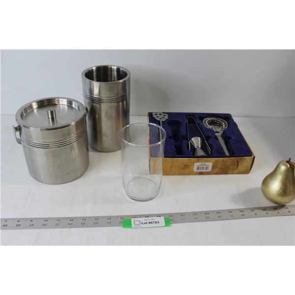 5 Piece Bar Set - Missing one piece, Artificial Pear, Glass vase, (2) Ice Buckets
