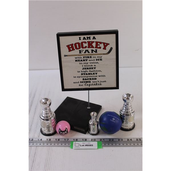 Lot: Hockey Sign, (3) Mini Stanley Cup Decor, (2) Balls