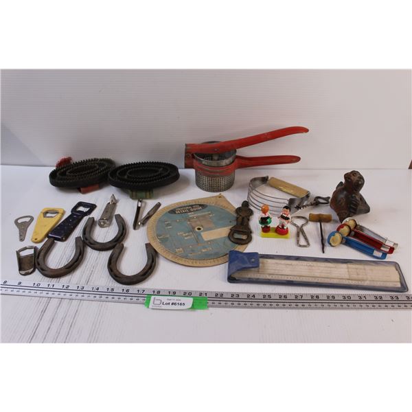 (3) Horse Shoes (4"), Bottle Openers, Horse Brushes, Juicer, Magnetic Dutch Children Figurines, Wood