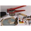 Image 3 : (3) Horse Shoes (4"), Bottle Openers, Horse Brushes, Juicer, Magnetic Dutch Children Figurines, Wood