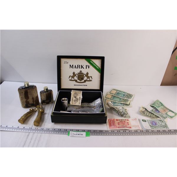 Assorted Foreign Money, (2) Cow Hide Bottles, Various Coins, in Case