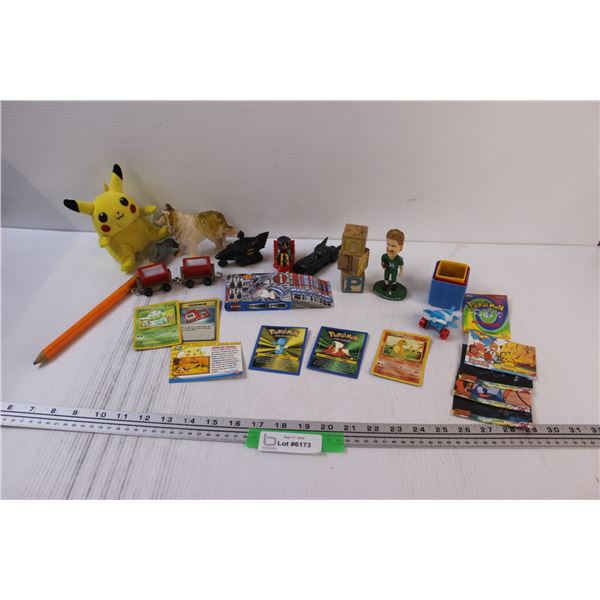 Lot: Pokemon Cards (Assorted), Batman Toys, Harley Davidson Playing Cards, Shark Pencil, Misc.