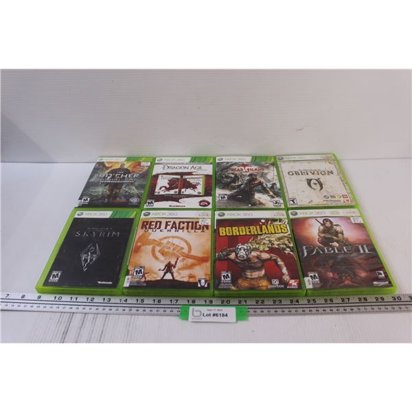 (8) XBOX 360 Video Games: Witcher, Skyrim, Dragon Age, Dead Island, Borderlands, Oblivion, Fable, Re