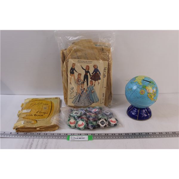Lot: Poker Chips, 1955 Jubilee Co-op Cookbook, Globe Coin Bank, Mc Calls Sewing Patterns - Assorted