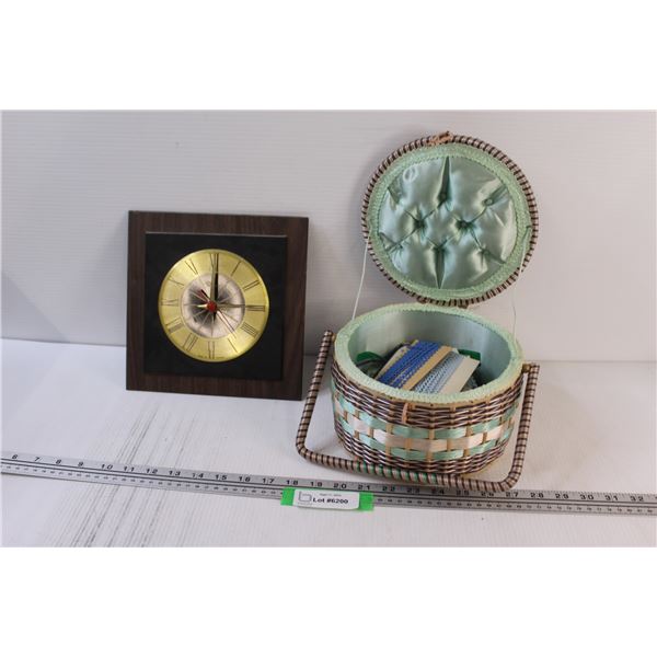 Woven Sewing Box w/Contents & Ingram Battery Powered Clock - Untested