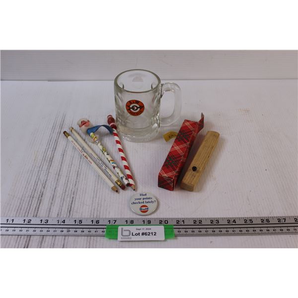 A & W Mug, (4) Vintage Pencils w/Toppers, ,Gulf Pin, Misc.