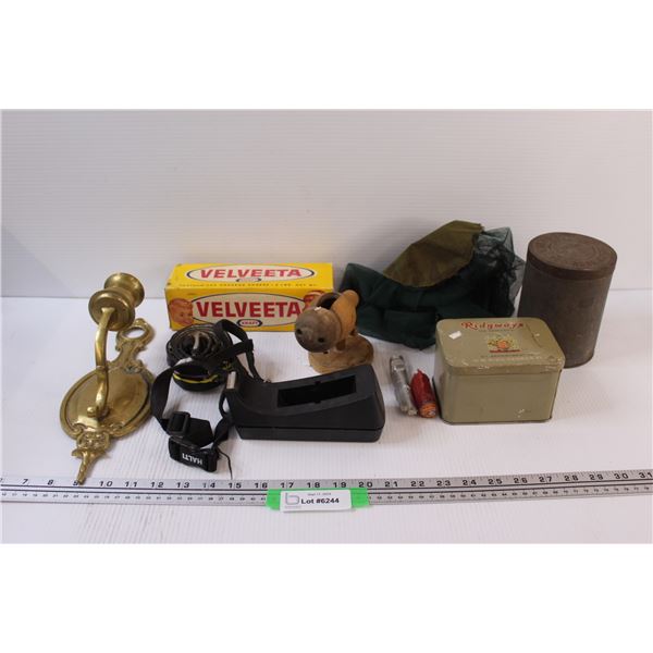 Brass Wall Candle Holder, Red Rose Tea Tin, Velveeta Box, Ridgway's Tin, Tape Dispenser, Netting, Mi