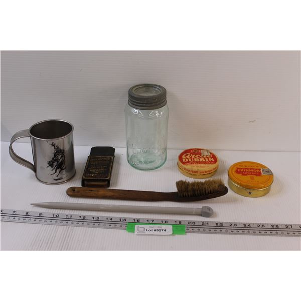 Imperial Gem Glass Jar, (2) Leather Protectant Jars, Leather Brush, Knitting Needle, Misc.