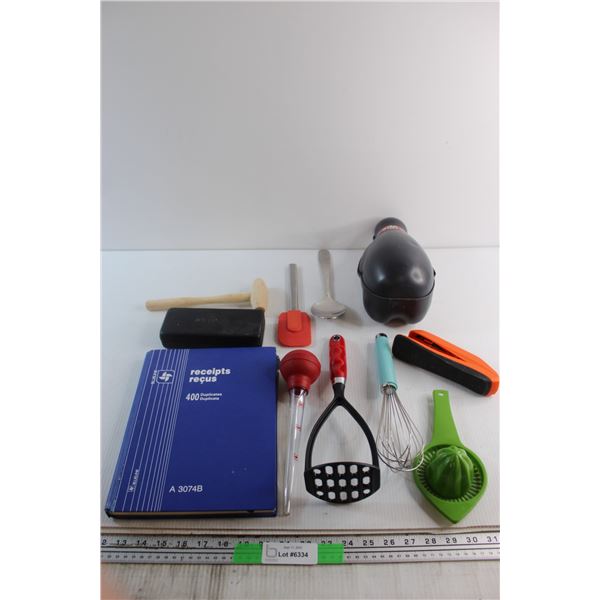 Receipts Book, Joe Fresh Glasses, Whisk and Assorted Kitchenware
