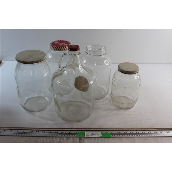 Wine Jug and (4) Assorted Glass Jars