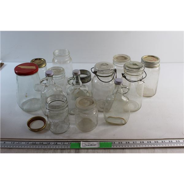 (3) Glass Bottles and (11) Canning Jars