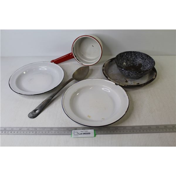 Vintage Enameled Dishes - Plates - Small Pot - Metal Spoon