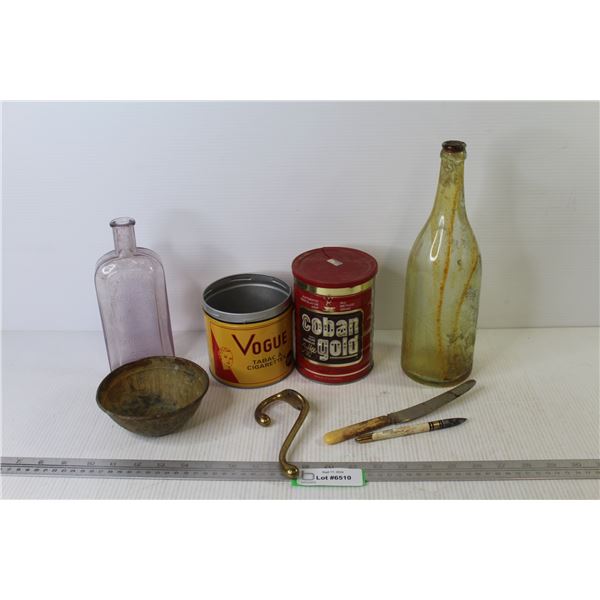Vintage Items - Bottles (Purple Canadian Hair Tonic - Colton Grain Belt) - Vogue Tobacco Tin - Cuban
