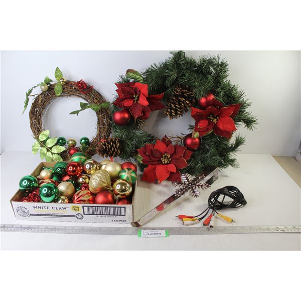 (2) Christmas Wreaths - Ornaments - Stereo Wires - Door Hook