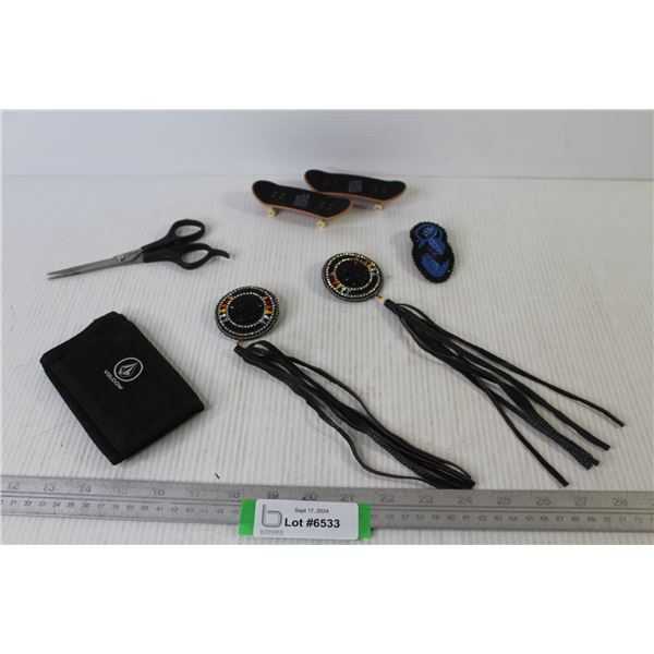 Tech Deck Finger Boards - Beaded Earrings - Beaded Humming Bird Brooch - Cloth Walley - Scissors