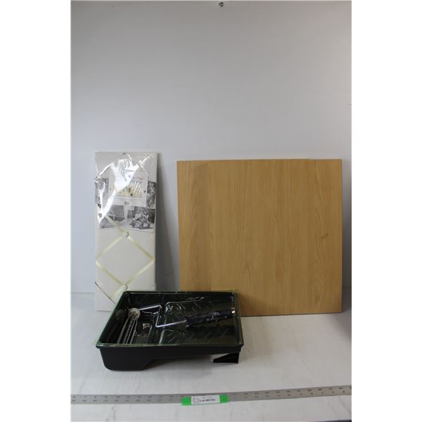 French Memory Board, (2) Wooden Boards - 17" x 20", (2) Paint Roller Pans, Paint Roller