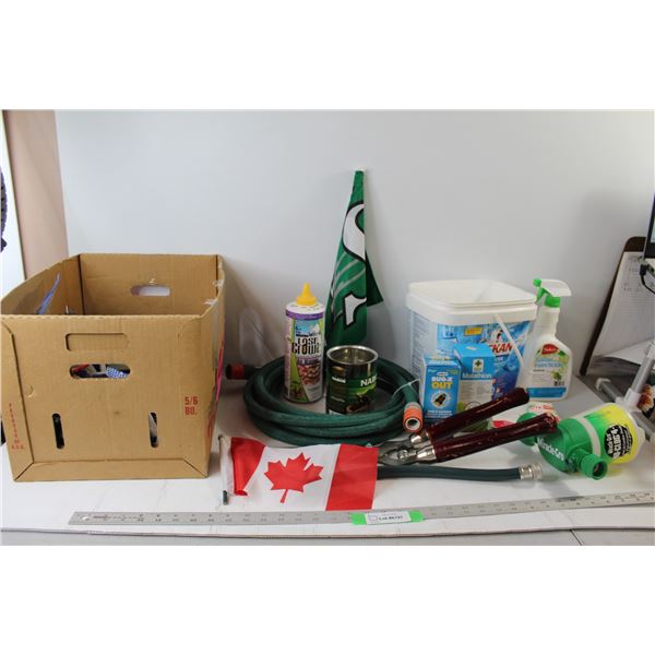 (2) Flags - Canada, Roughriders, Pruning Shears, Garden Hose, (5) Insecticides, Assorted Gardening E