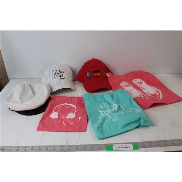 (3) Drawstring Bags, (2) Baseball Caps Hats, Sailers Hat
