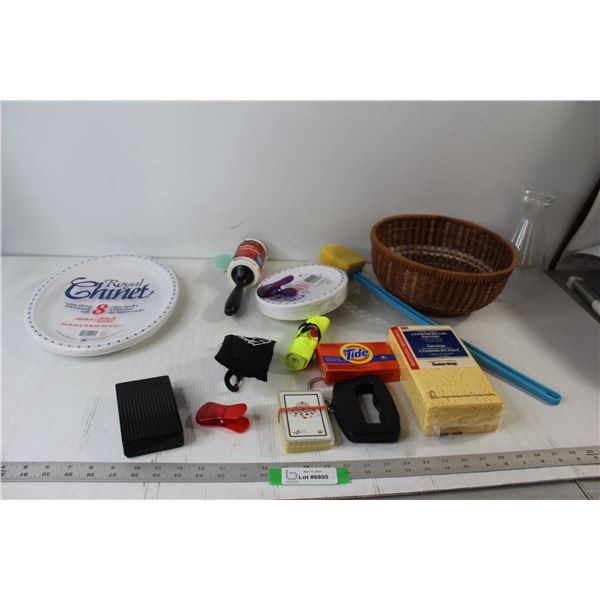(2) Packages Of Paper Plates, Wicker Basket, Kerosene Lamp Glass Part, Shower Bath Back Luffa, Misc.
