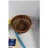 Image 4 : (2) Packages Of Paper Plates, Wicker Basket, Kerosene Lamp Glass Part, Shower Bath Back Luffa, Misc.