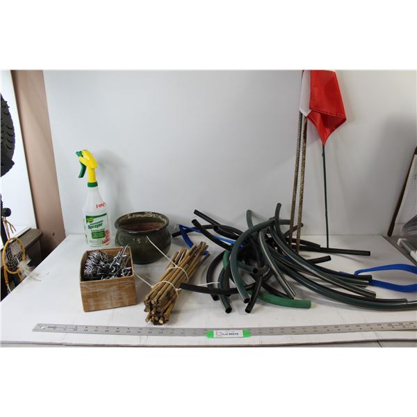 Assorted Rubber Hose Pipes/Pieces, Steel Rods, Metal Ground Pegs, Planter, Assorted Hardware and Mis