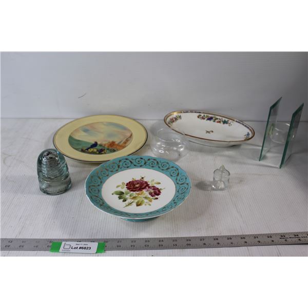 (3) Decorative Plates/Trays, Kerosene Lamp Part, Glass Insulator, Assorted Glassware