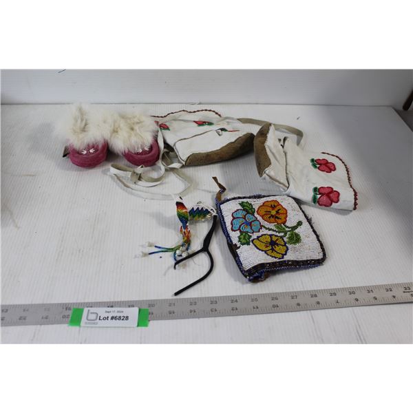 Indigenous Beaded Items - Purse, Baby Moccasins, Baby Boots, Beaded Hummingbird