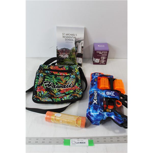 Hawaii Purse, Nerf X Shot, (2) Ceramic Espresso Mugs, St. Michaels Residential School Book, Pack of 