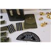 Image 4 : Army Lot: (12) Canadian Buttons, (21) Triangular Bandages, Name Badges, Can of Army Rations