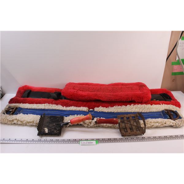 (2) Horse Harness Pads, Saddle Cinch, (2) Curry Horse Brushes