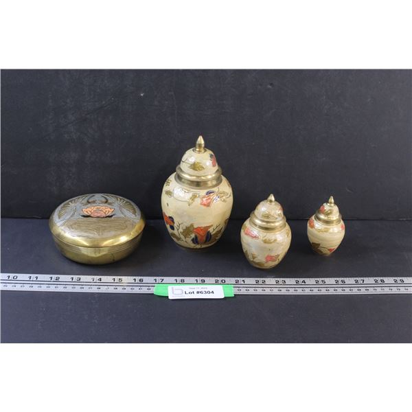 (3) Solid Brass Vase/Urn (6" & 4" & 3") & Brass Jewelry Box (5" Diameter)