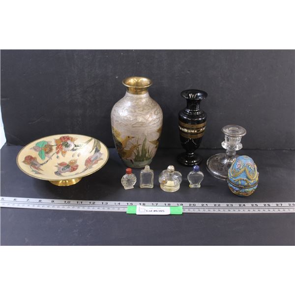 (4) Mini Perfume Glass Bottles, (2) Vases, Candle Stick, Asian Style Serving Dish