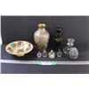 Image 1 : (4) Mini Perfume Glass Bottles, (2) Vases, Candle Stick, Asian Style Serving Dish