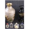 Image 3 : (4) Mini Perfume Glass Bottles, (2) Vases, Candle Stick, Asian Style Serving Dish