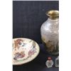 Image 4 : (4) Mini Perfume Glass Bottles, (2) Vases, Candle Stick, Asian Style Serving Dish