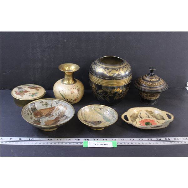 Asian Style Brass Lot: (3) Serving Dishes, (2) Vases, (2) Dishes w/Lids