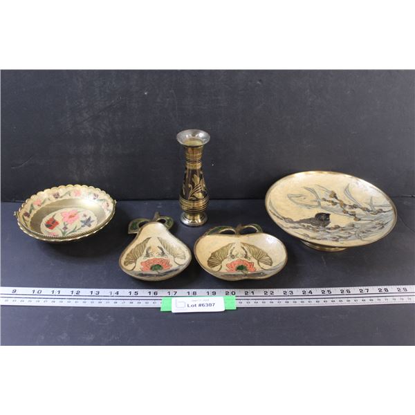 Asian Style Brass Lot: (4) Serving Dishes, & Vase