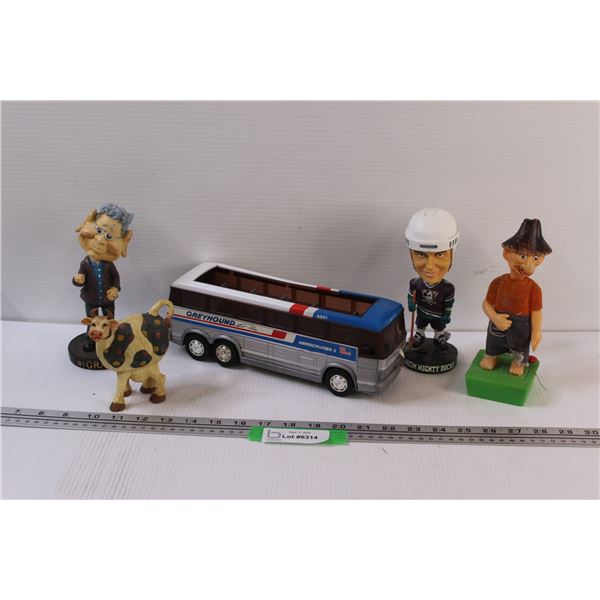 (3) Bobble Heads, Greyhound Bus Toy, Cow Bobble