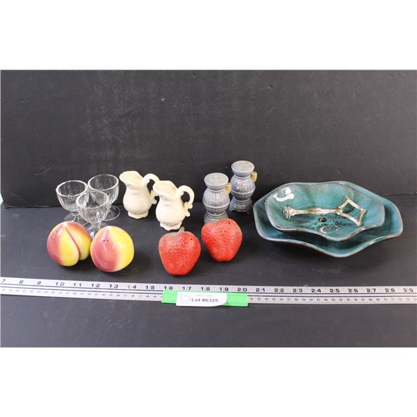 Two Tier Blue Mountain Plate (Missing Center Metal Piece, incomplete), (4) Salt & Pepper Shaker - As