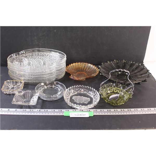 (7) Dainty Tea Set (Plates Only), Art Glass Serving Dish w/Handle & Spoon Set, Ashtrays, Serving Dis