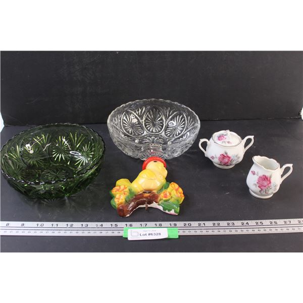 (2) Glass Candy Dishes, (2) Cream & Sugar Fine China, Bird Key Holder