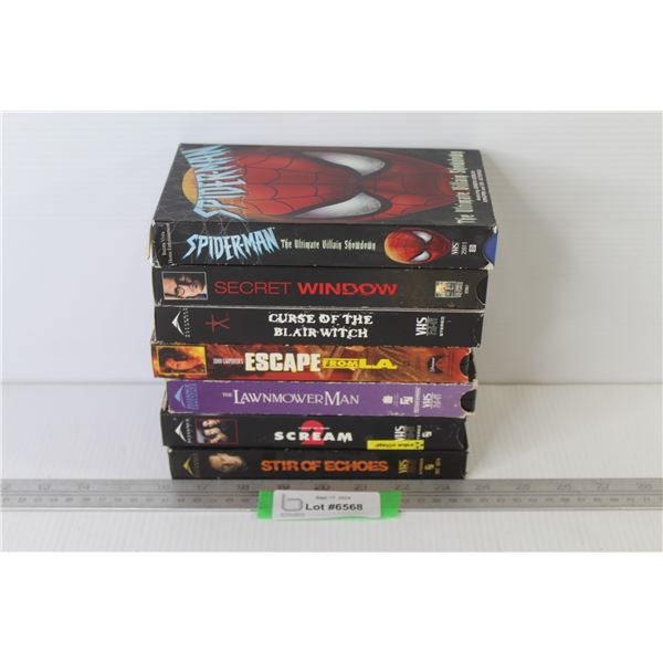 (7) VHS Tapes - Spiderman - Secret Window - The Lawnmower Man - Scream