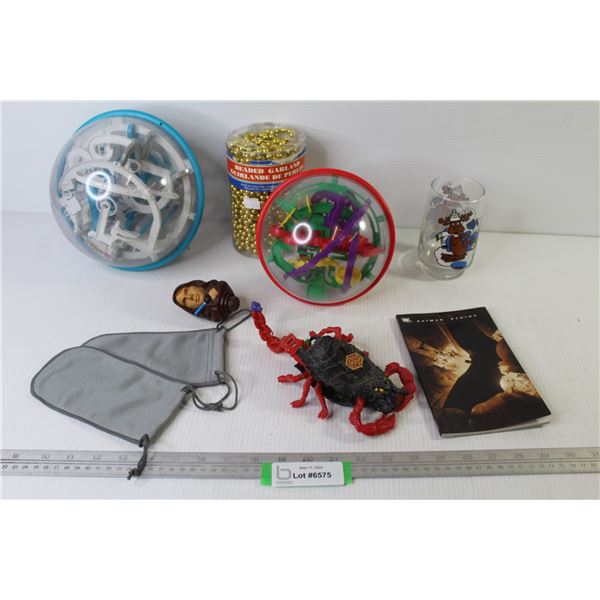 (2) 3-D Perplexis Puzzles - Beaded Garland - Toy Scorpion - Batman Begins Booklet - Glass - Misc. It